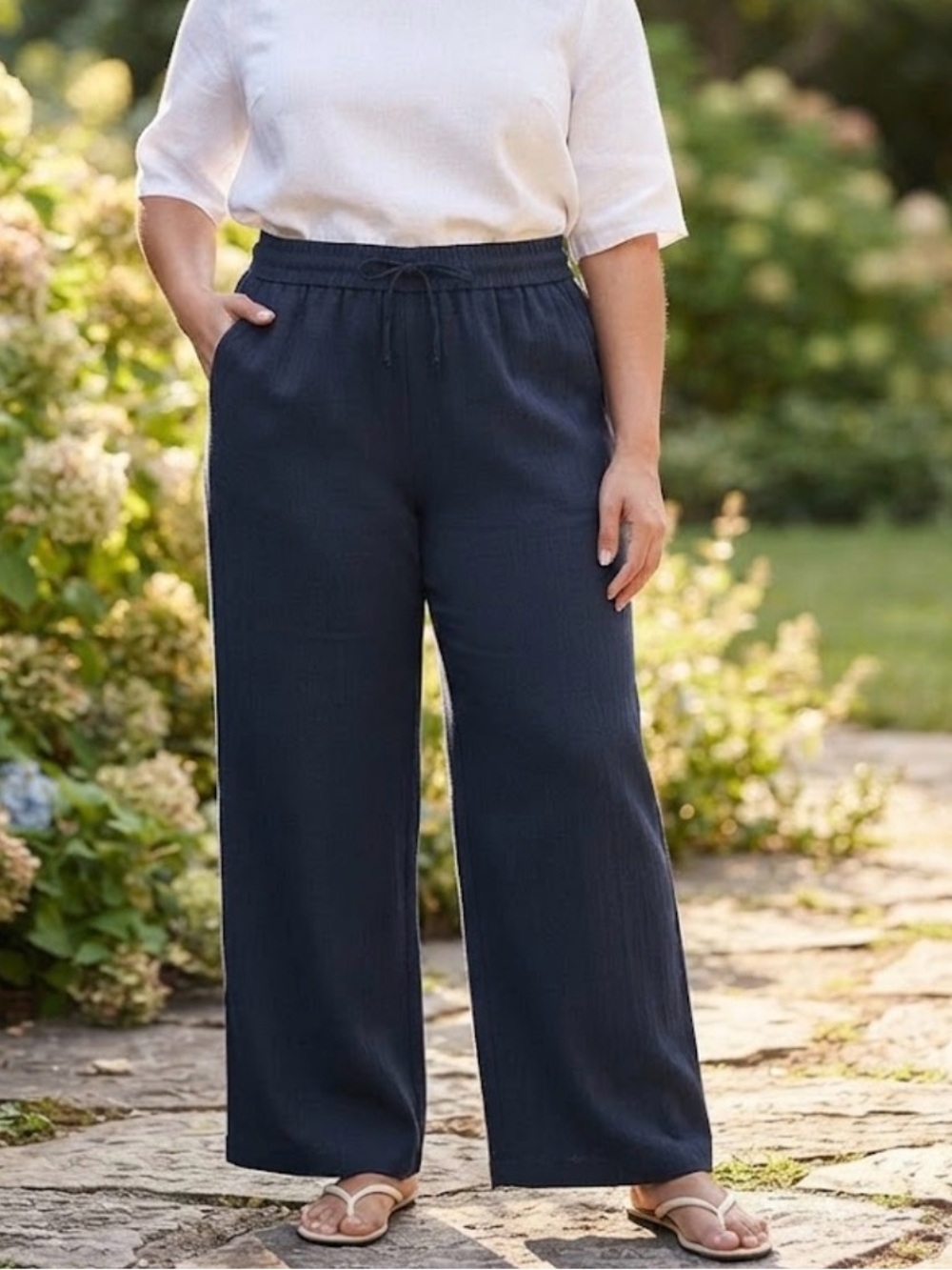HALARA High Waisted Drawstring Pocket Wide Leg Baggy Linen-Feel Pants - #222